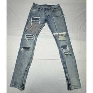 MNML Men's Tapered Ankle Zip Distressed Button‎ Fly Denim Jeans - Size 30x33